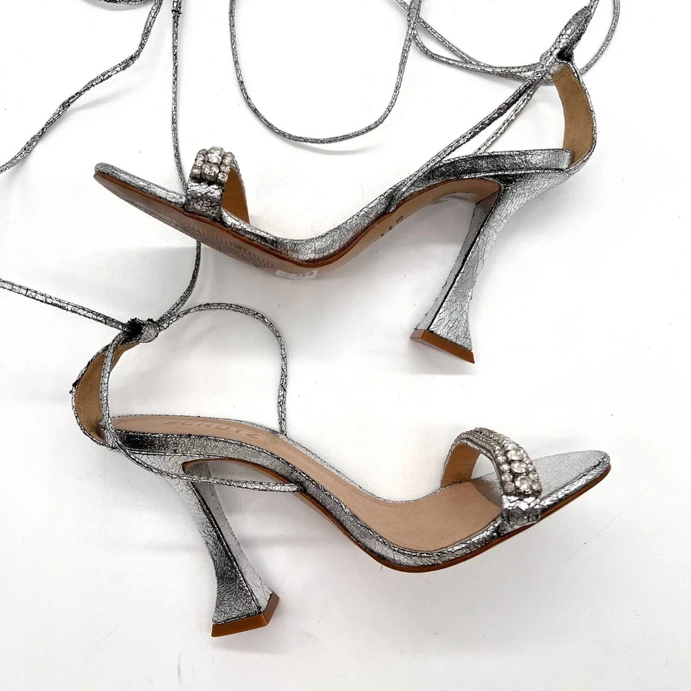 SCHUTZ Bellin Heels Womens 6 Silver Metallic Jeweled Ankle Wrap Strappy Sandal - Picture 6 of 14